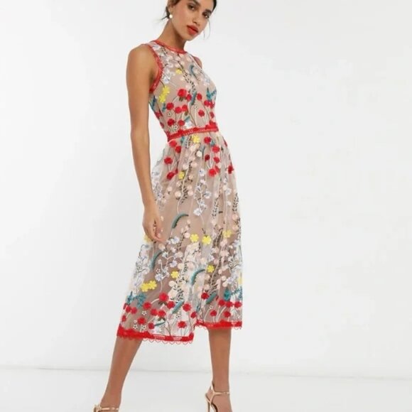 NEW Bronx and Banco Ivanka Midi Dress Embroidered Sleeveless Size Large/ US 8 - Picture 1 of 14